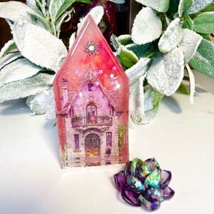 Handmade Charming Pink House Mixed Media Art Piece